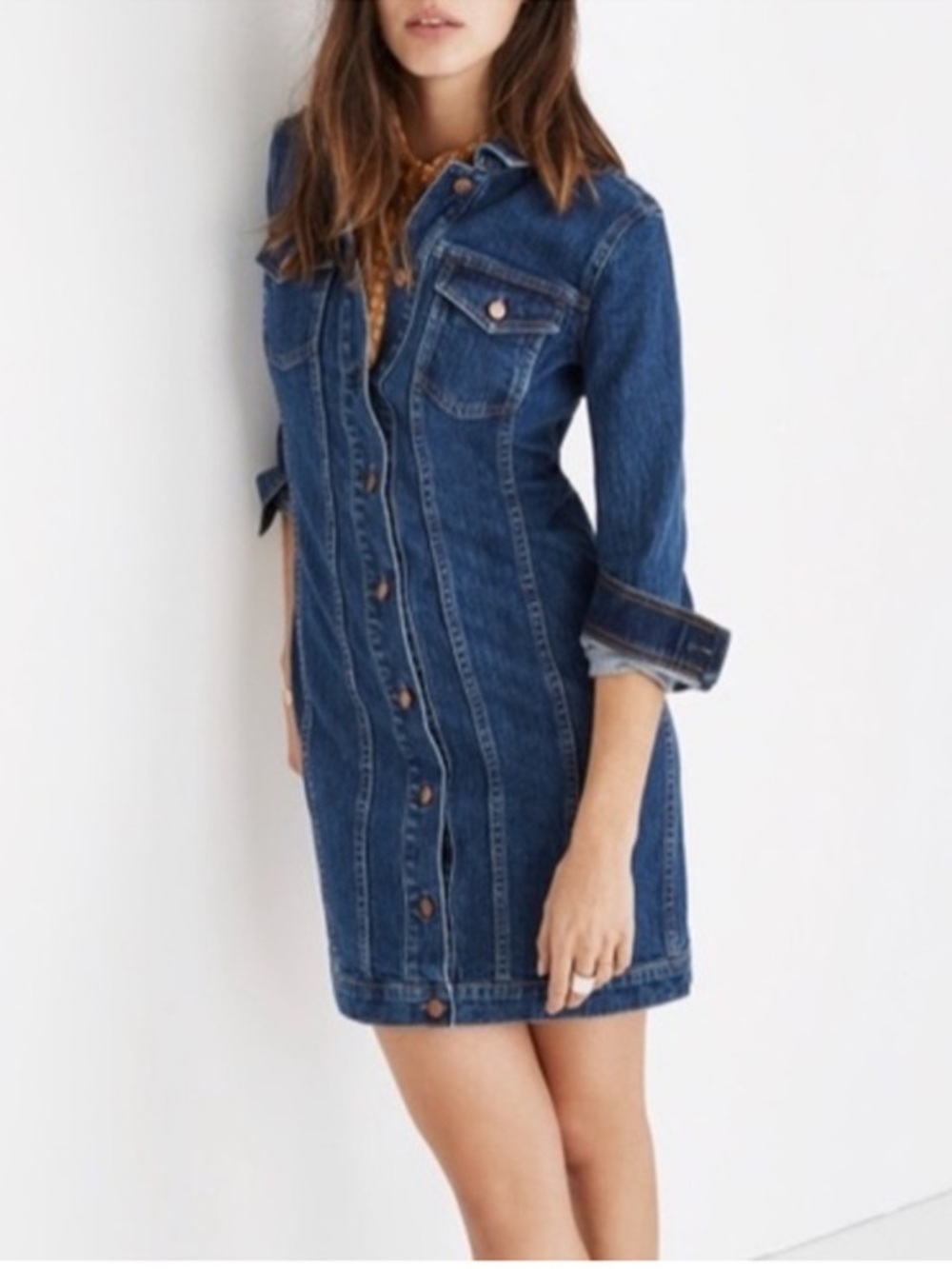 Madewell Dark Blue Denim Seamed Button-Front Dress | Size Small